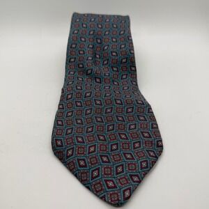 Aquascutum London Silk Tie Teal Blue Burgundy‎ Geometric Diamond  Hand Made
